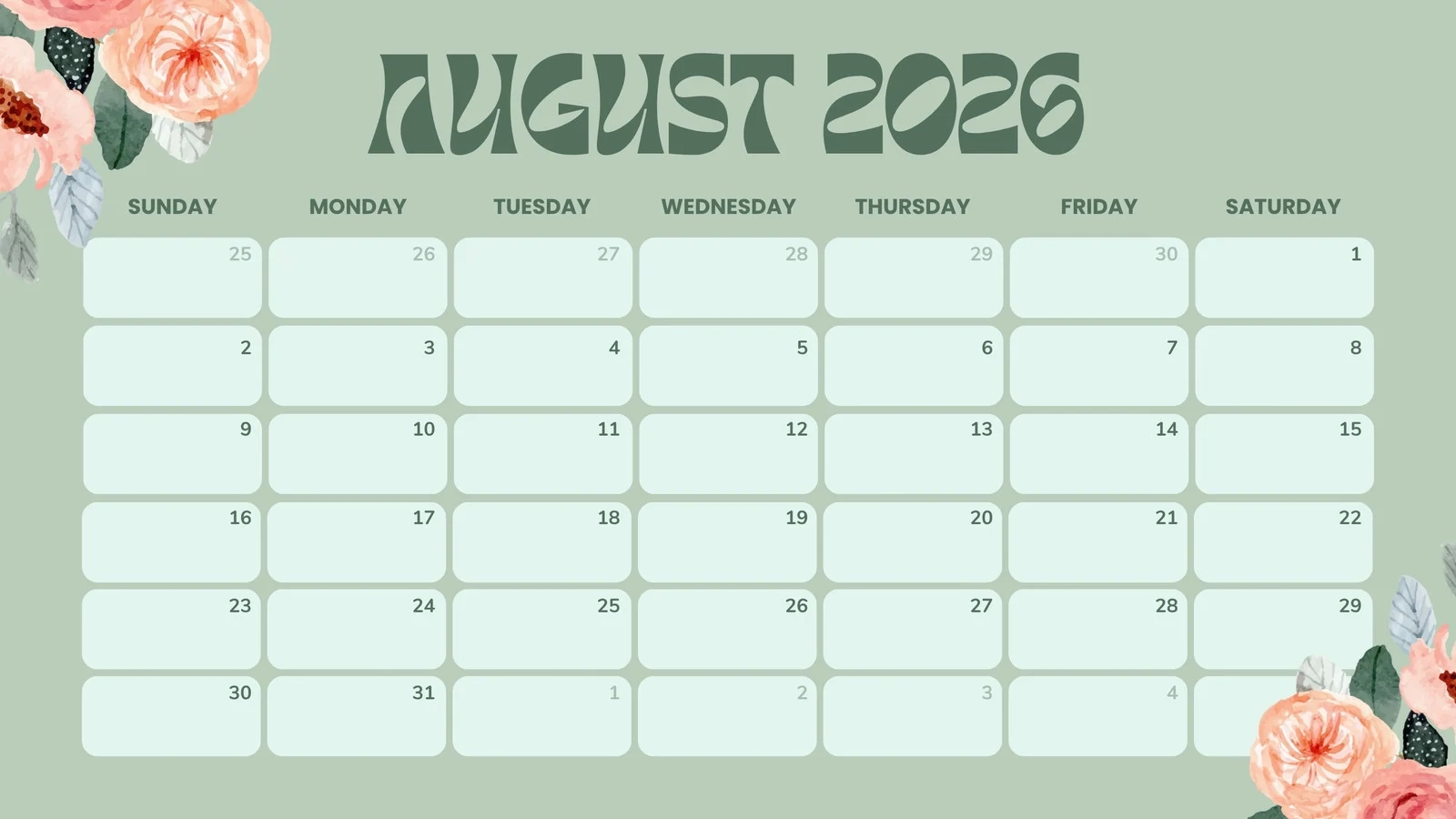 Blank Calendar Pages August 2026 Printable