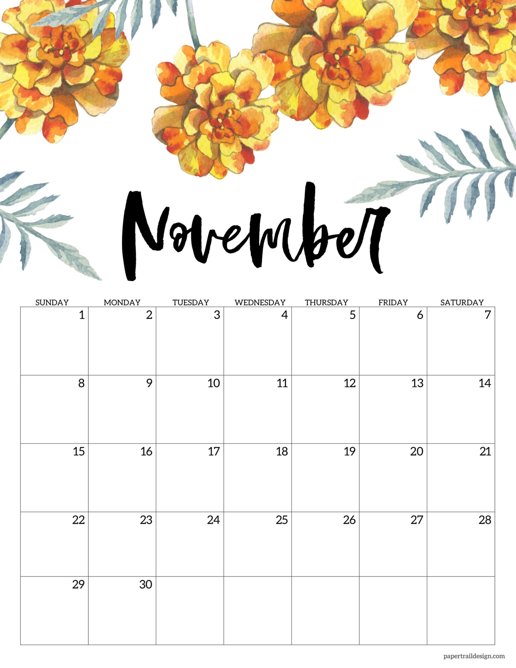 Printable Floral Calendars November 2026