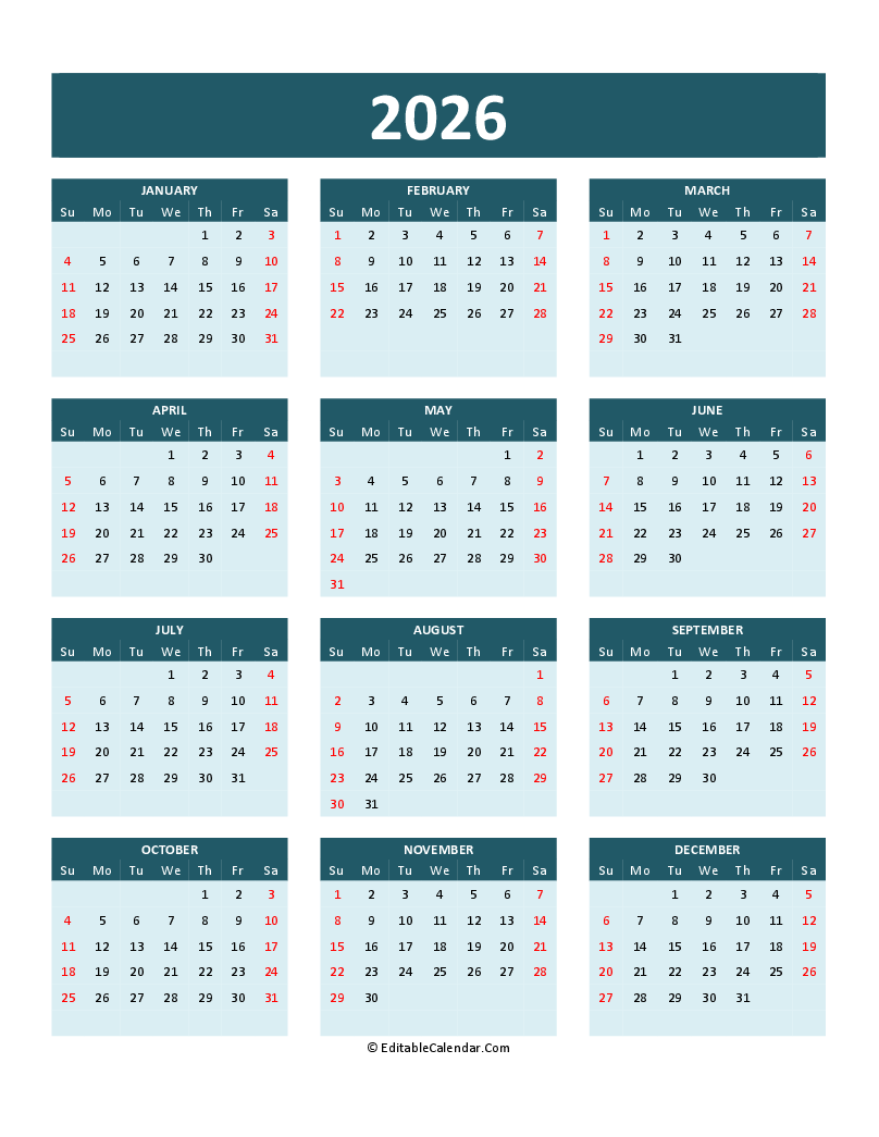 Printable Calendar 2026 Pdf Free Download Word