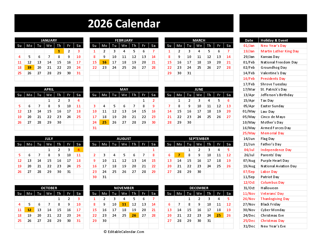 2026 Calendar With Holidays Printable