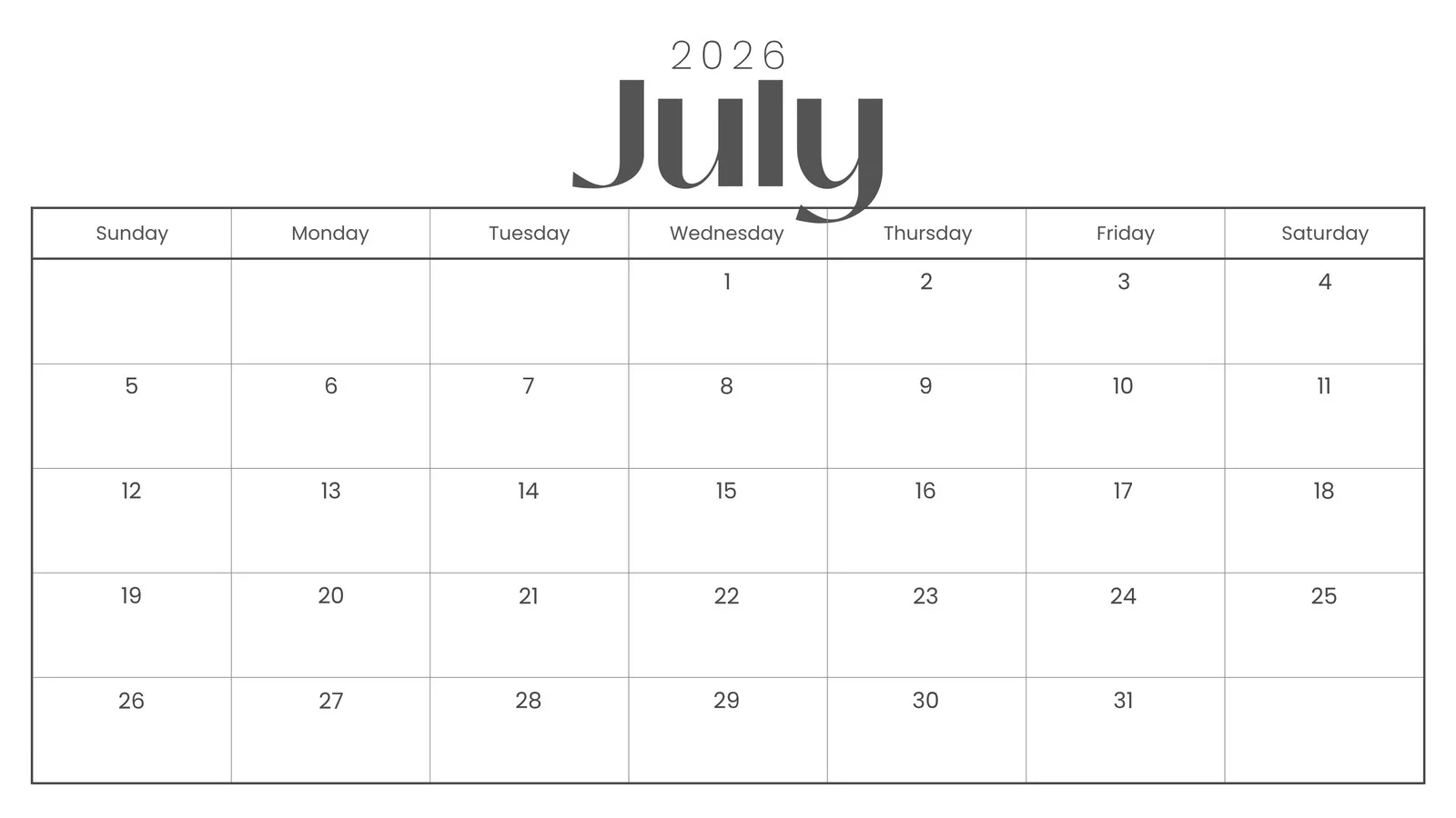 Blank Calendar Page July 2026