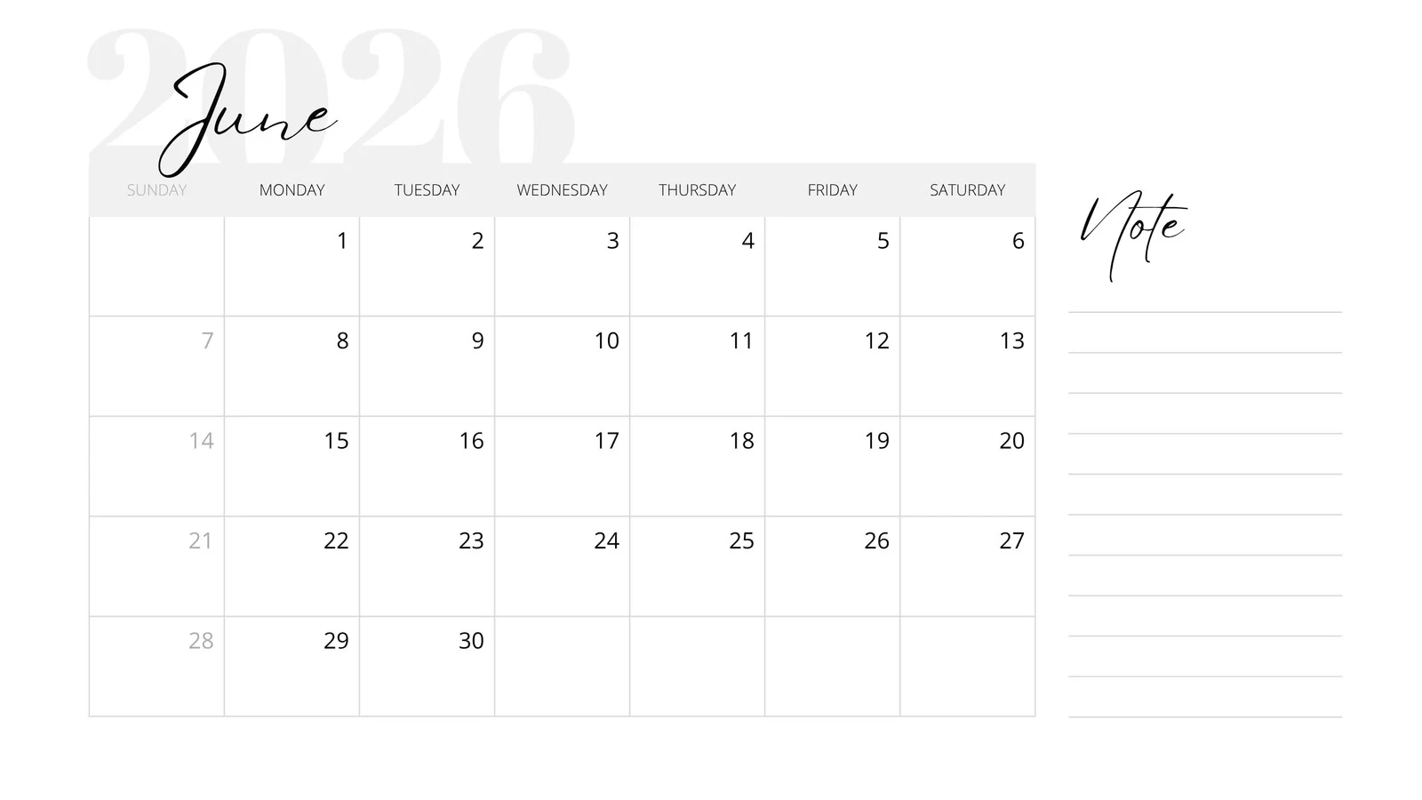 2026 Printable Calendar By Month June