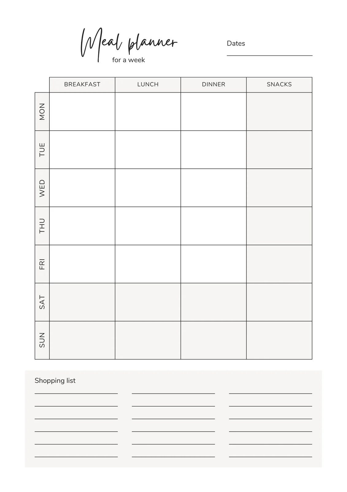 Weekly Menu Printable Template