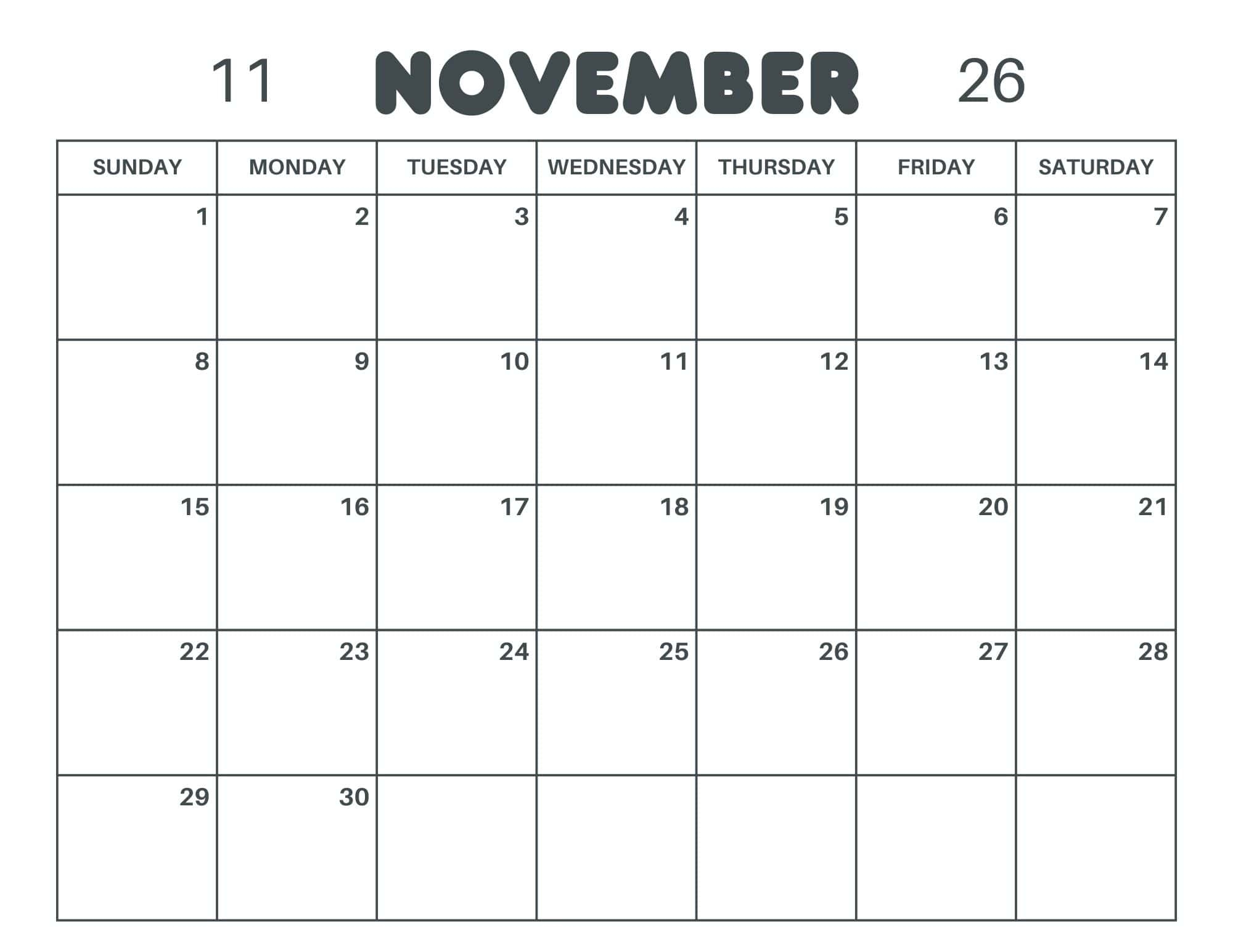 November Calendar 2026 Printable Large Boxes