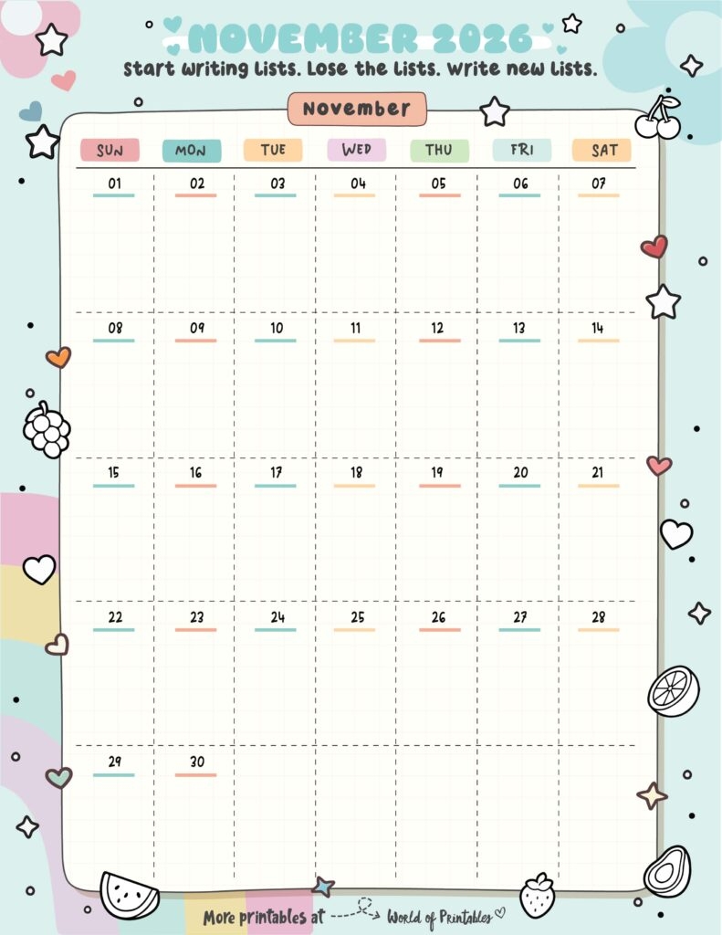 Miss Kindergarten Printable Calendars November 2026