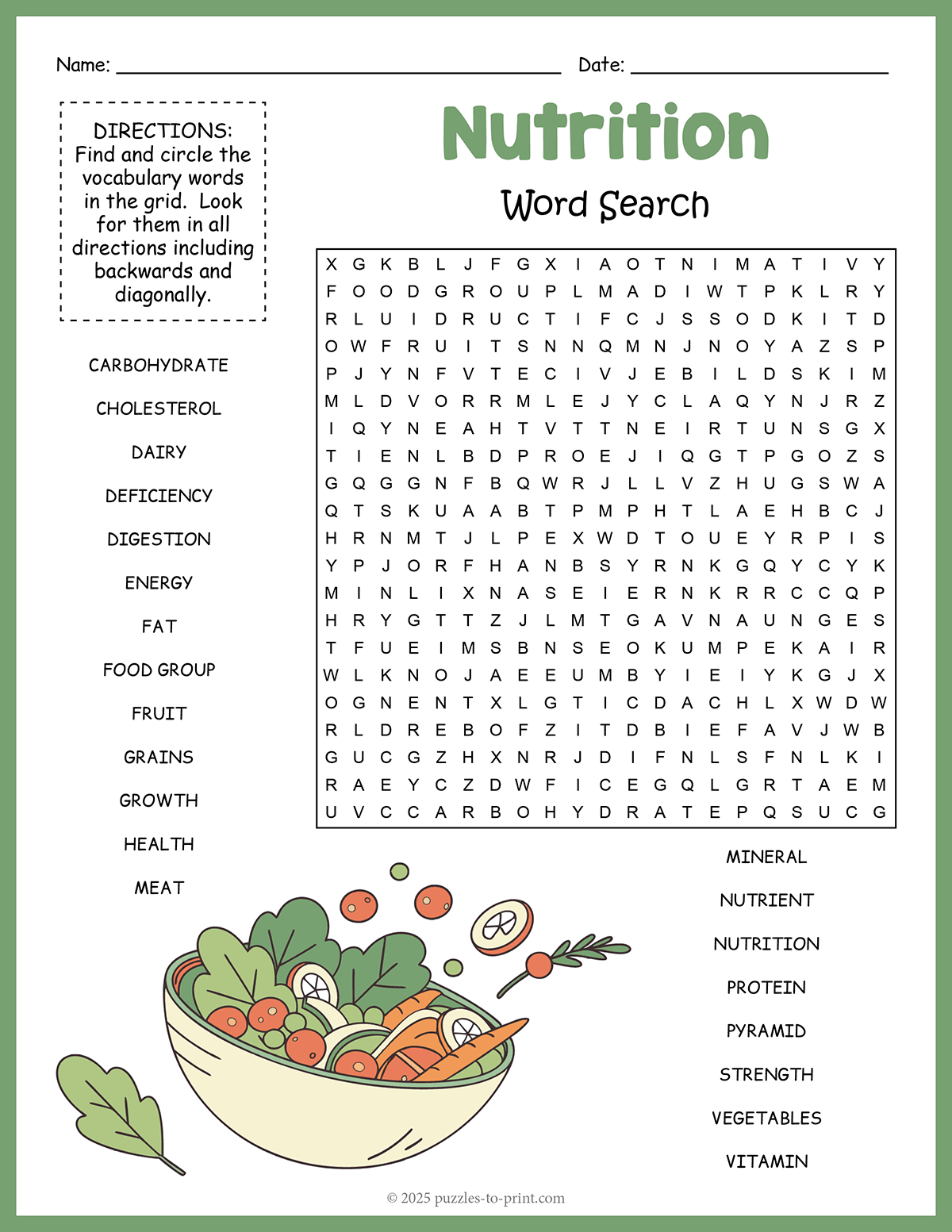 Nutrition Word Search Printable