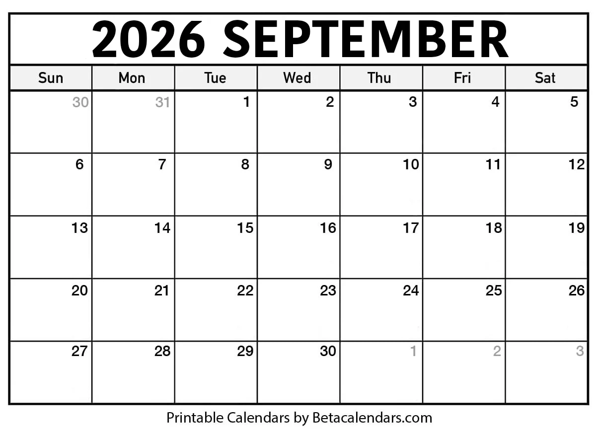 Free Printable Blank September 2026 Calendar