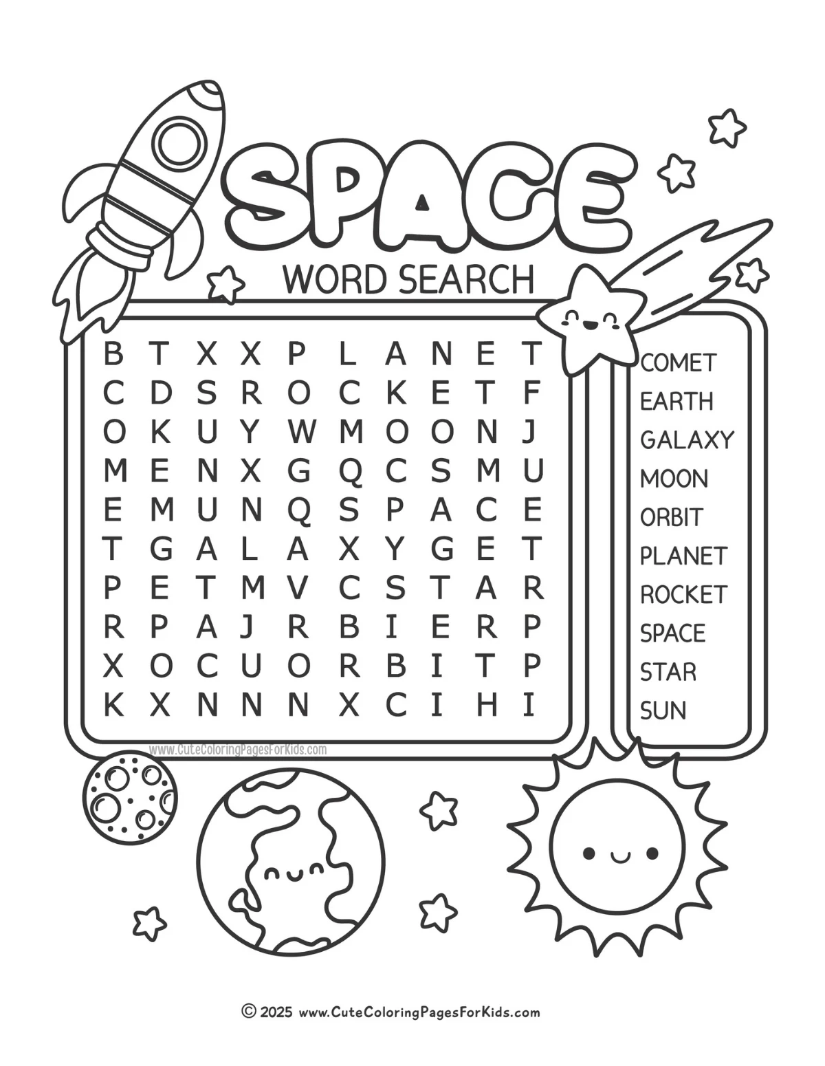 Free Printable Space Word Search For Kids Cute Coloring Pages 