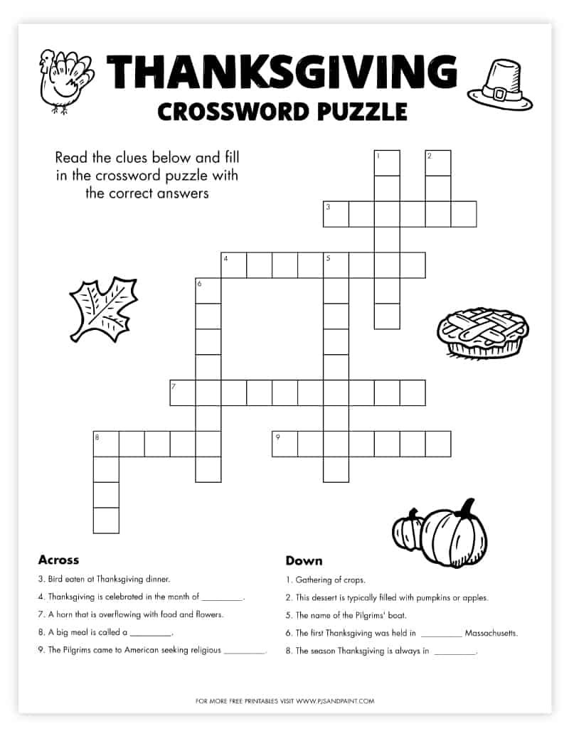 Thanksgiving Crossword Puzzles Printable Free