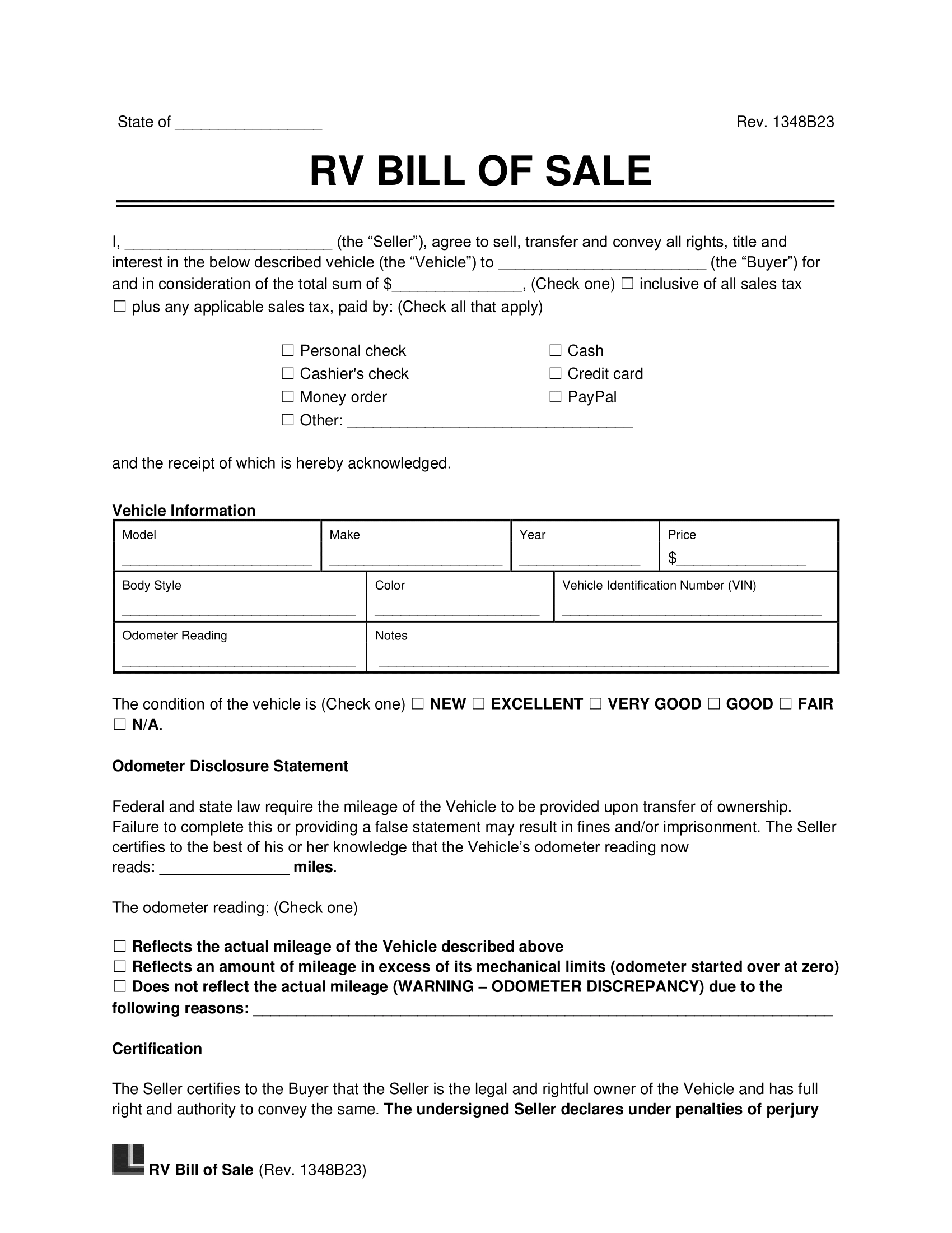 Bill Of Sale Form Free Printable For Camper