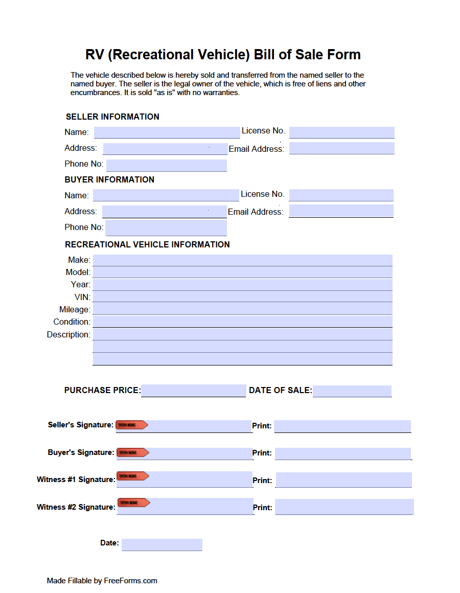 Printable Travel Trailer Camper Bill Of Sale Template