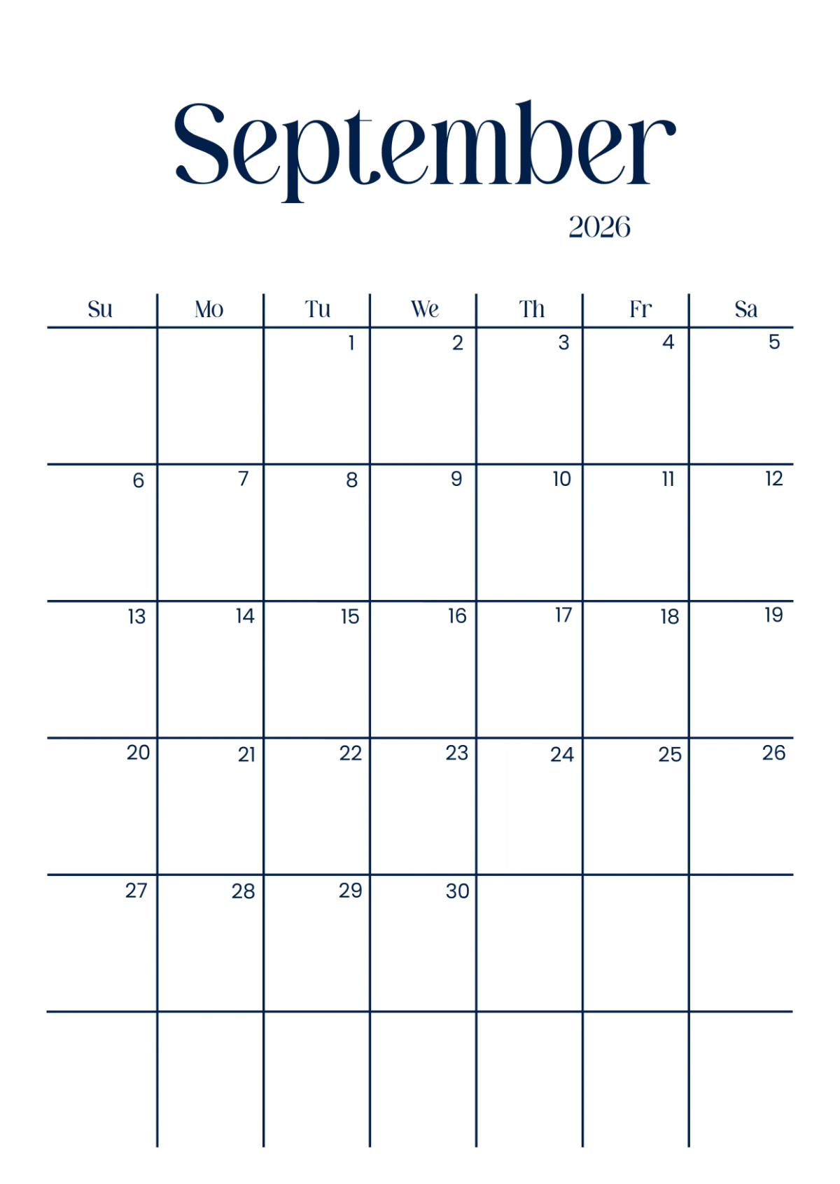 September 2026 Blank Calendar Editable