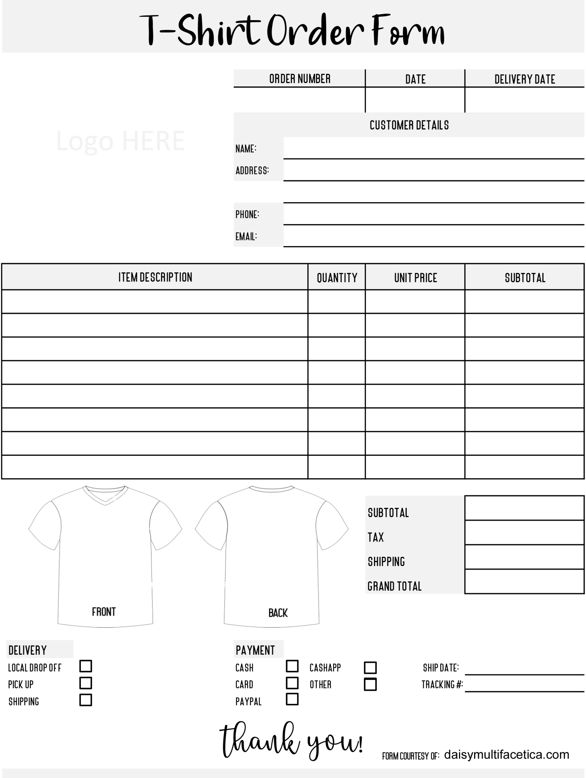 FREE T Shirt Order Form TEMPLATES In PNG To Customize Daisy 