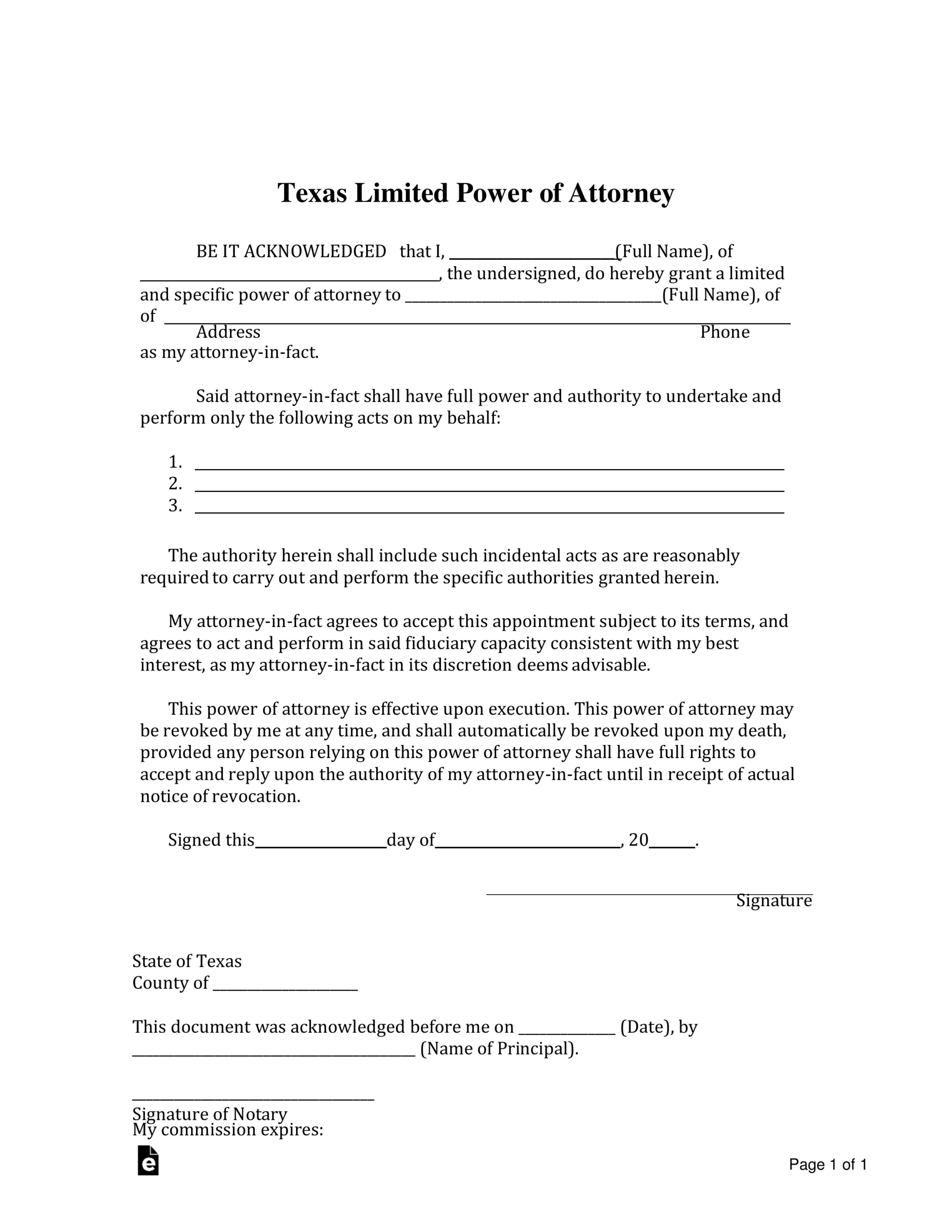 Texas Power Of Attorney Form Free Printable