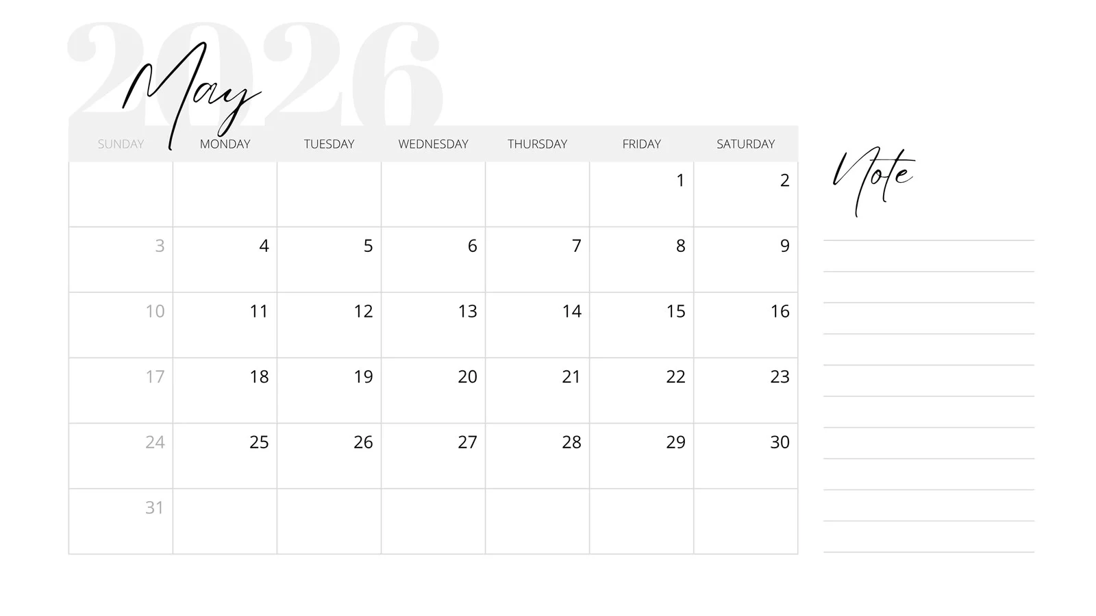 Blank May 2026 Calendar Page