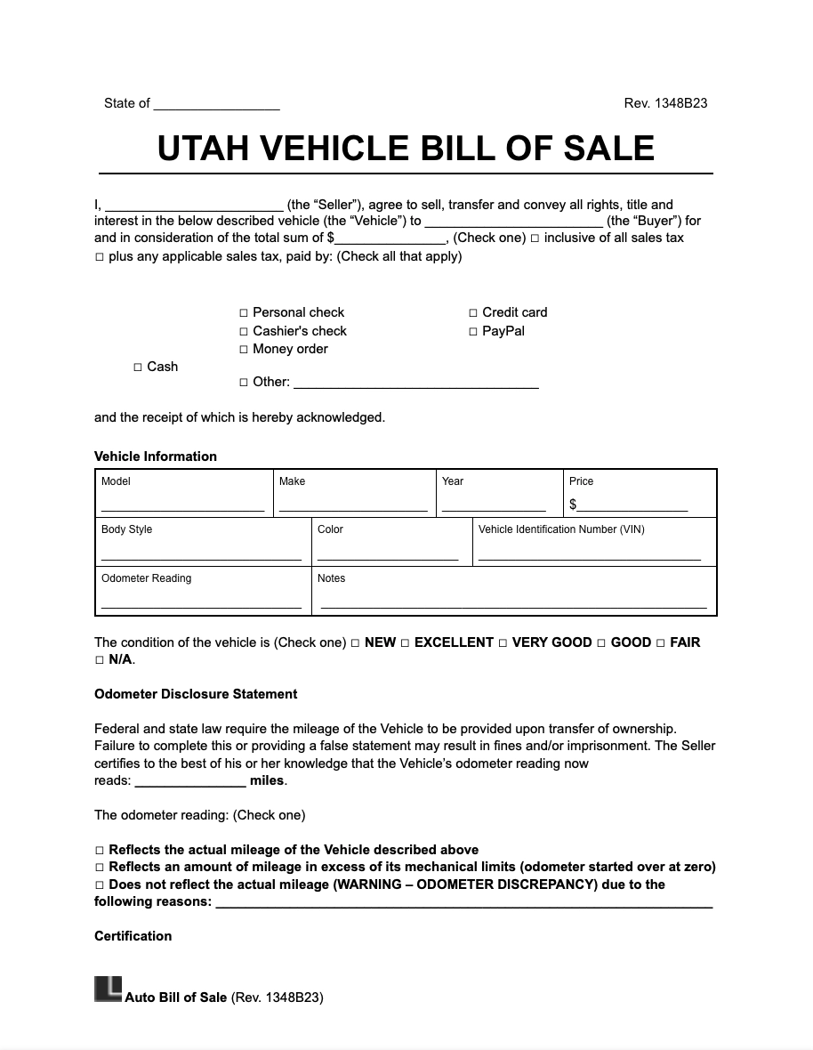 Free Utah Vehicle Bill Of Sale Form PDF amp Word