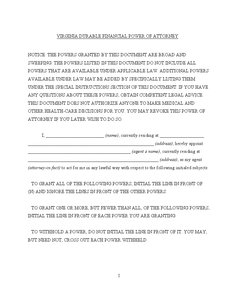 Free Virginia Durable Power Of Attorney Form For Finances
