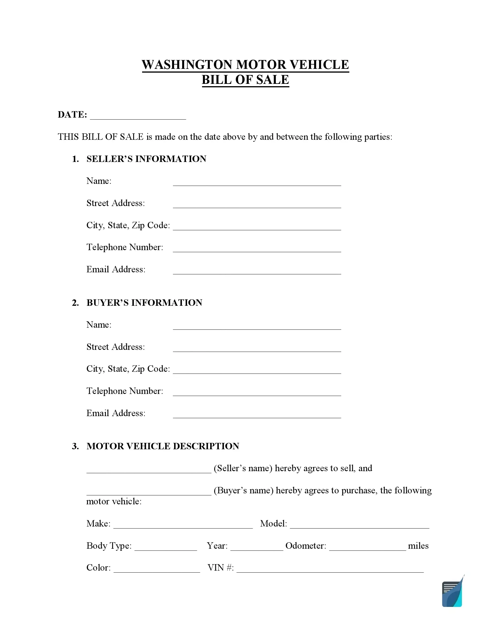 Bill Of Sale Form Printable Wa State