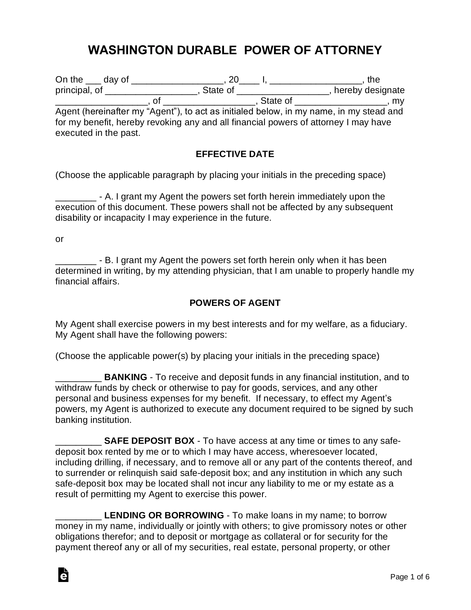 Free Washington Durable Financial Power Of Attorney Form PDF 