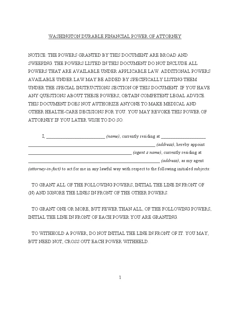 Durable Power Of Attorney Forms Printable Wa