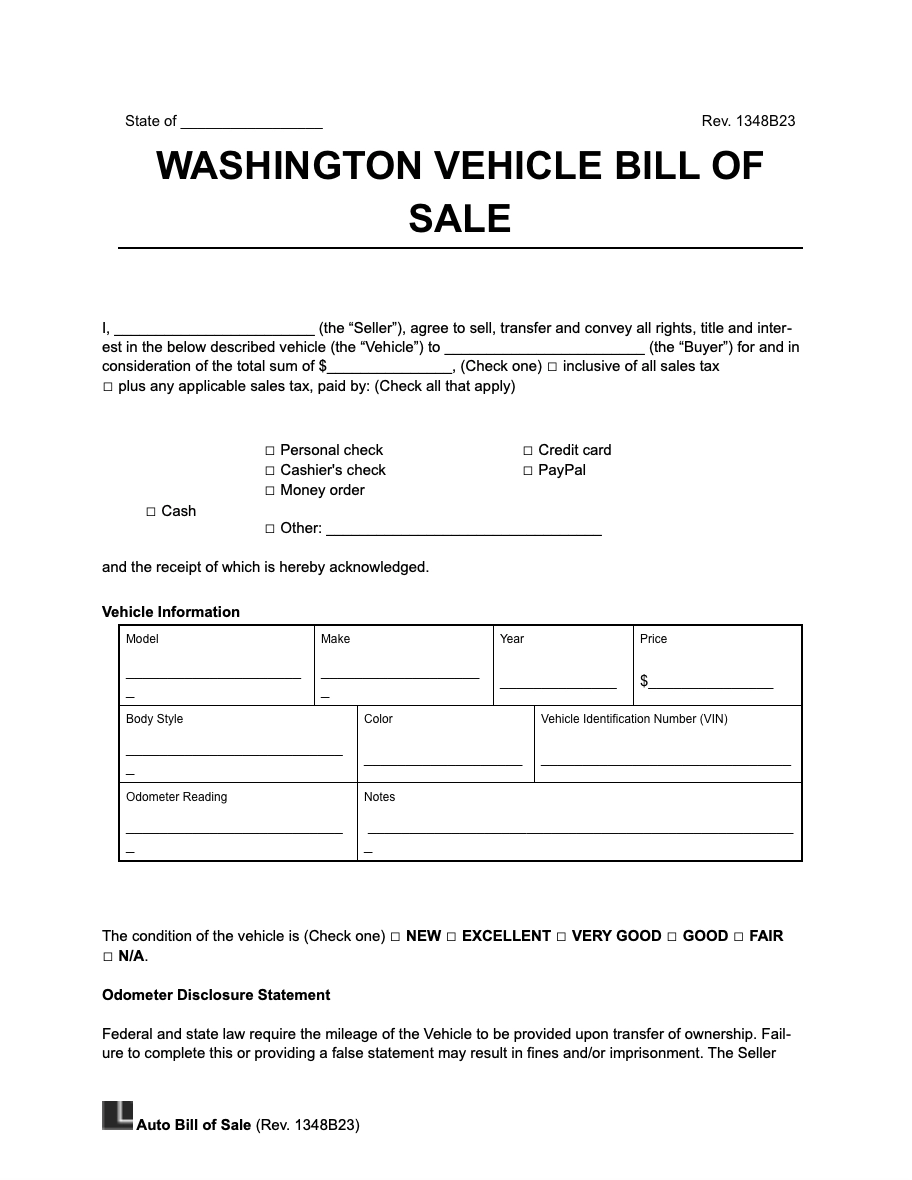 Free Washington Vehicle Bill Of Sale Form PDF amp Word