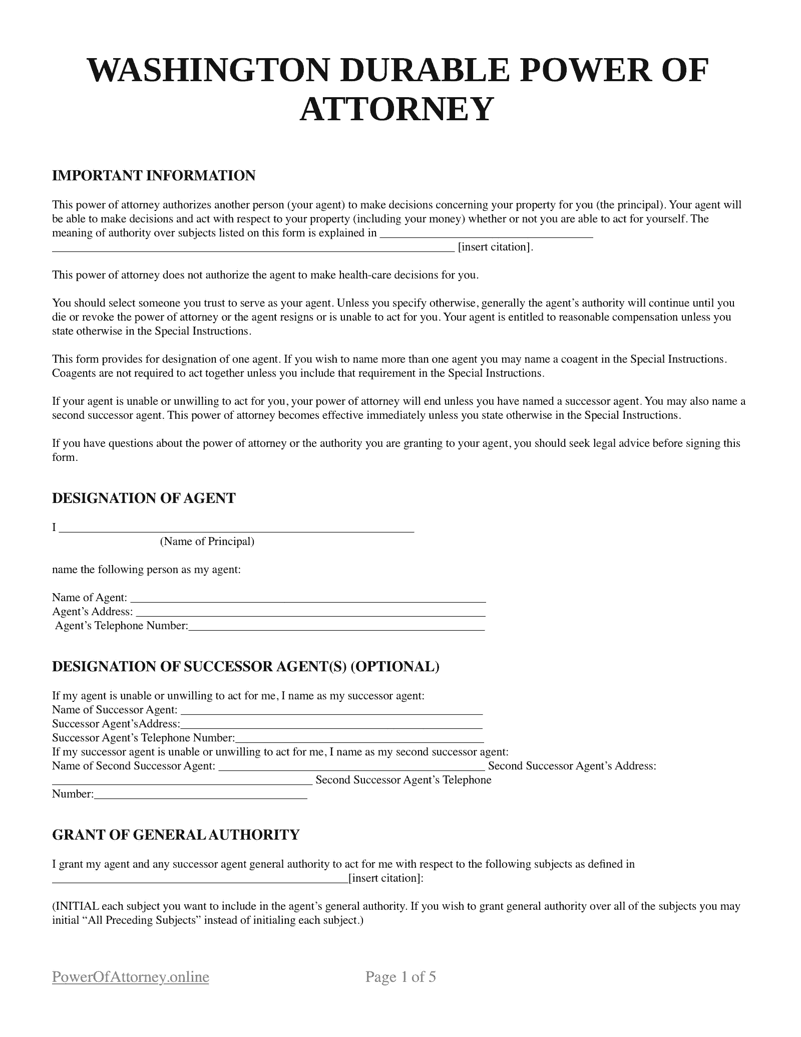 Free Washington WA Durable Power Of Attorney Forms amp Templates PDF