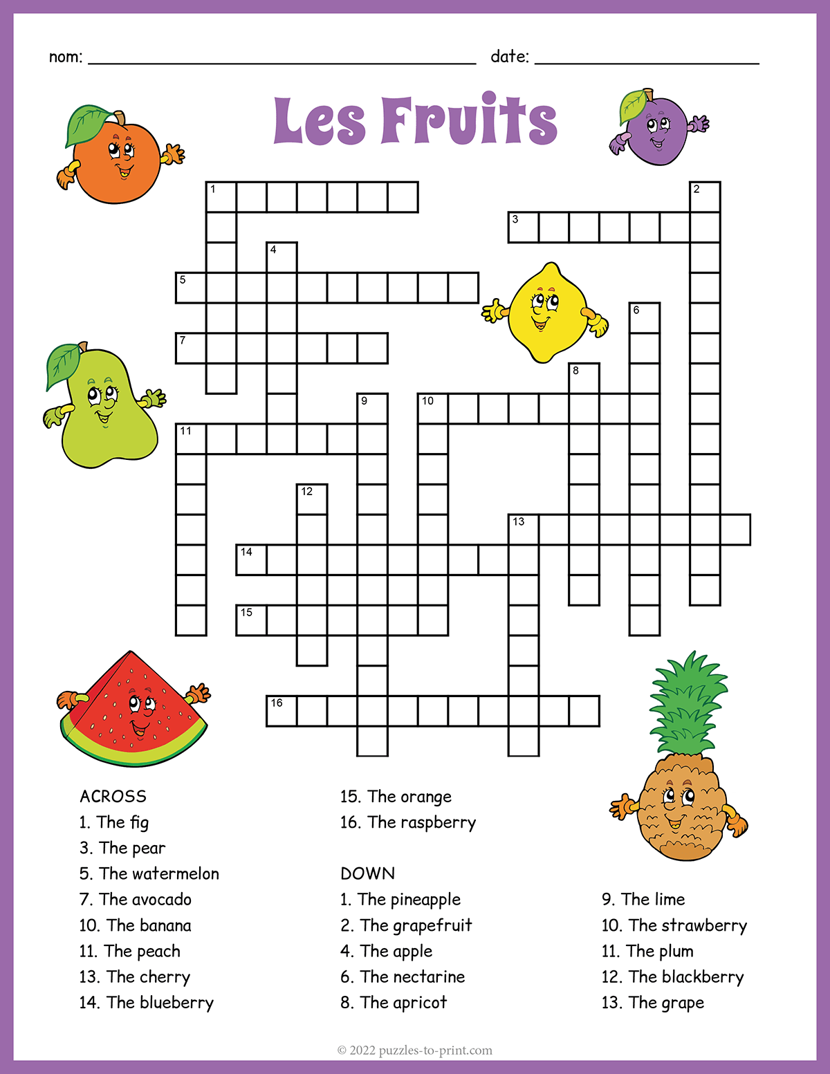 French Fruits Crossword