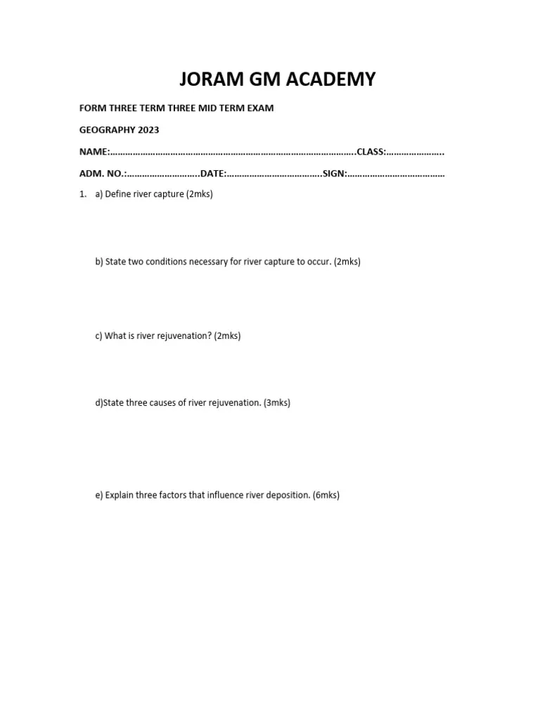 Form Three Mid Term Exams 2023