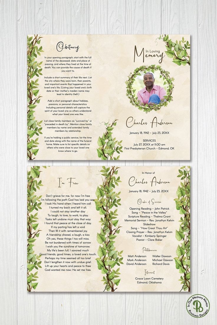Greenery Vine Wreath Funeral Program Template Printable 