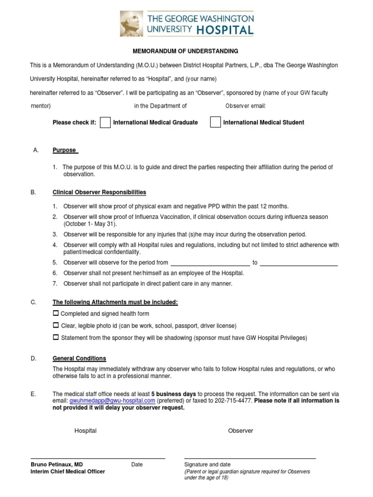 GW Hospital MOU amp Observer Health Information Form PDF 
