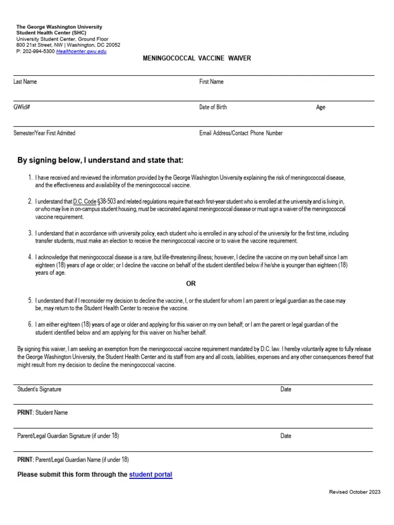 GWU Meningococcal Vaccine Waiver Form PDF Vaccines