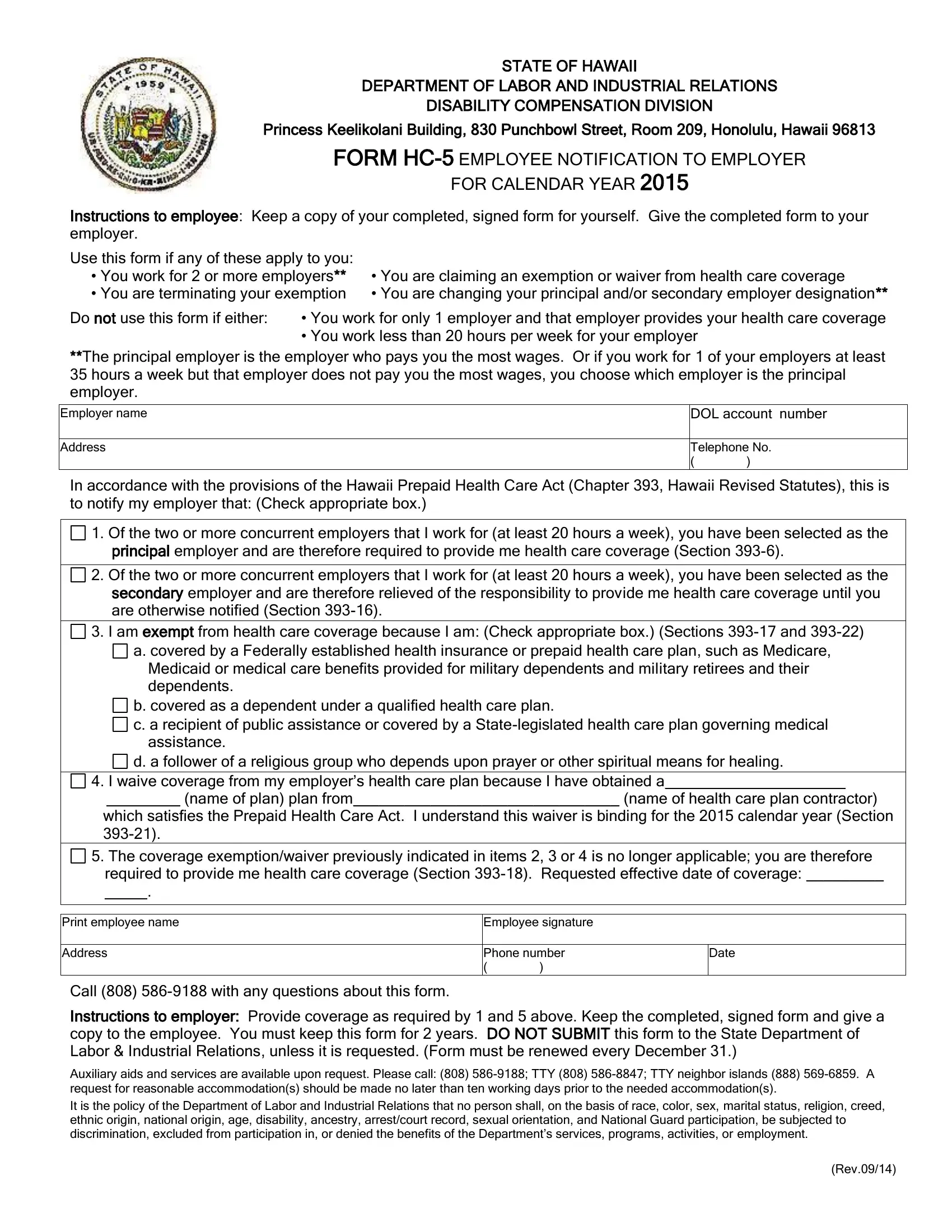 Hawaii Form Hc 5 Fill Out Printable PDF Forms Online