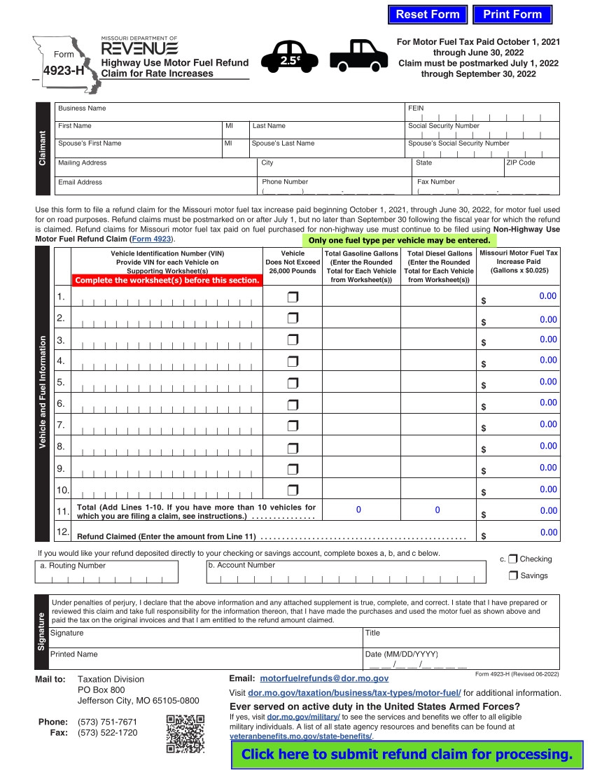 Form 4923-H Motor Fuel Refund Claim