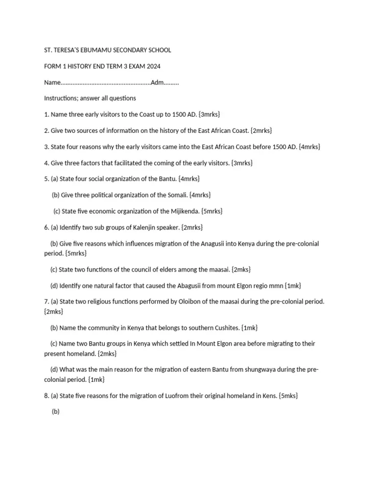 History Form 1 End Term 3 Exam 2024 PDF Travel