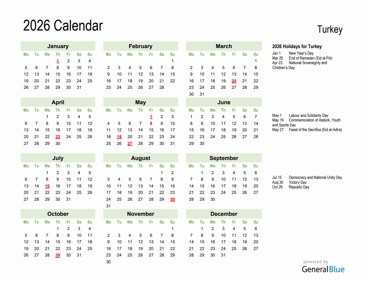 Holiday Calendar 2026 For Turkey Monday Start