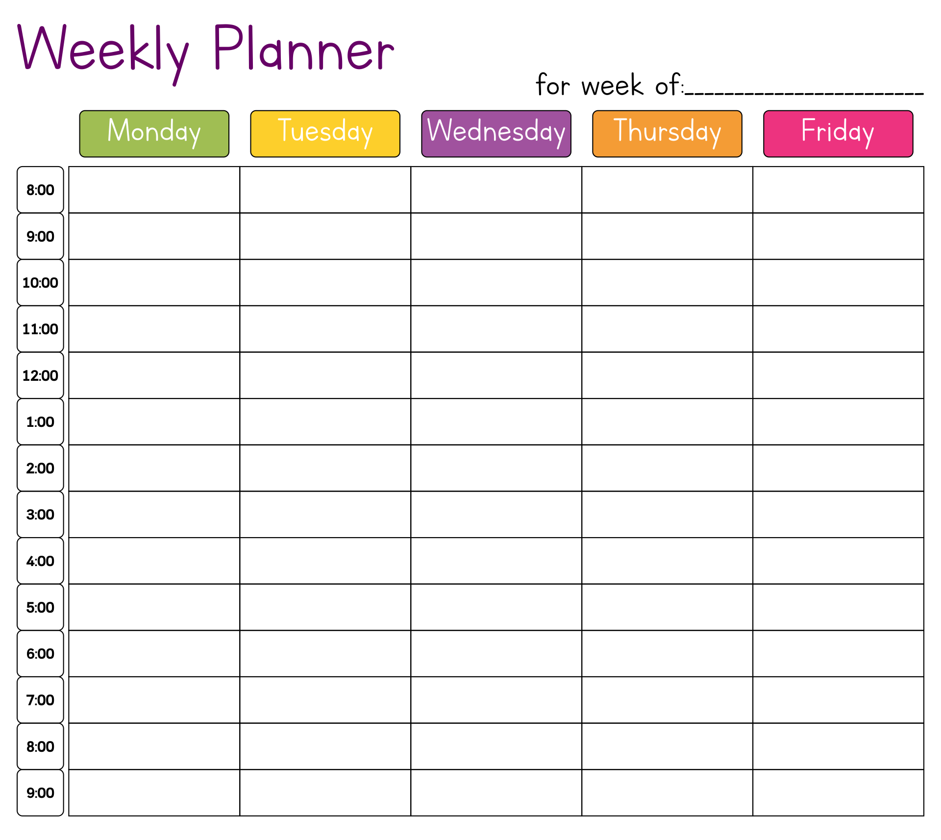 Printable Hourly Calendar Template