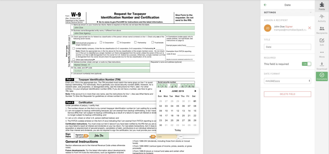 W9 Form Online Fill And Sign
