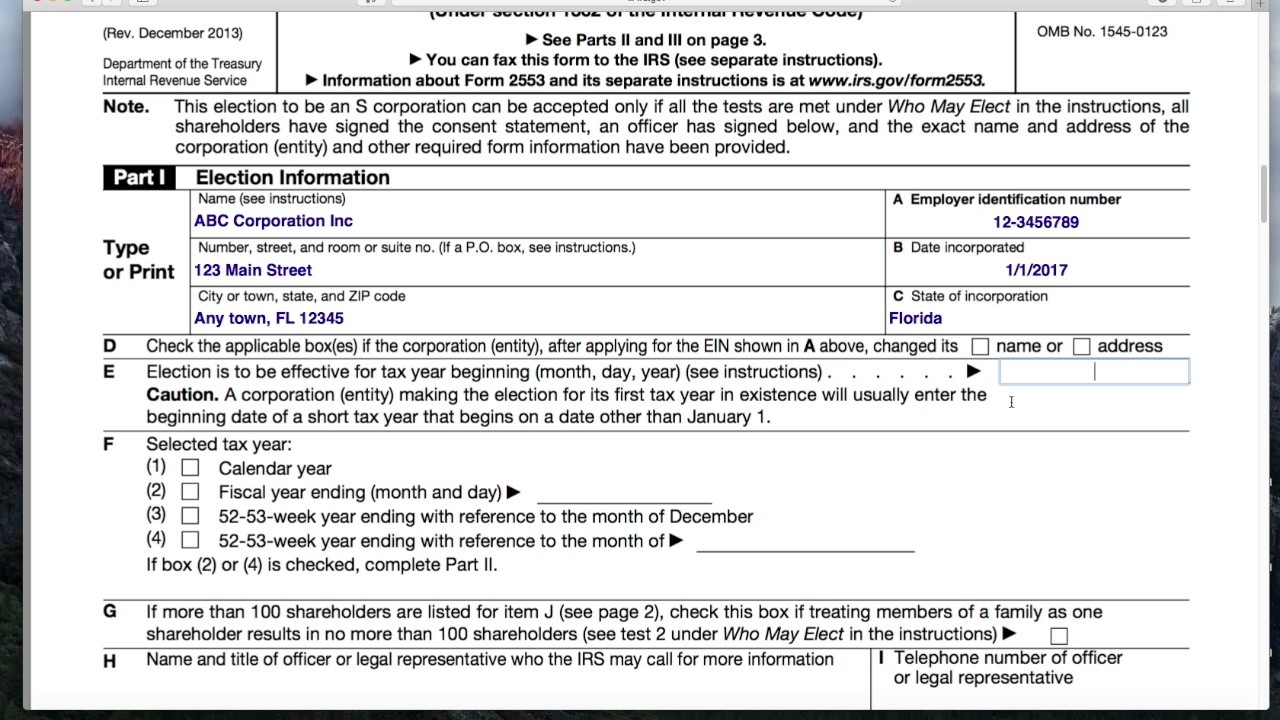 How To Fill In Form 2553 Election By A Small Business Corporation S Election