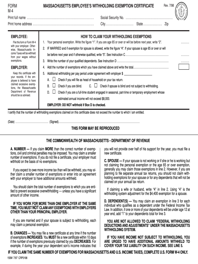Massachusetts Tax Form M-4