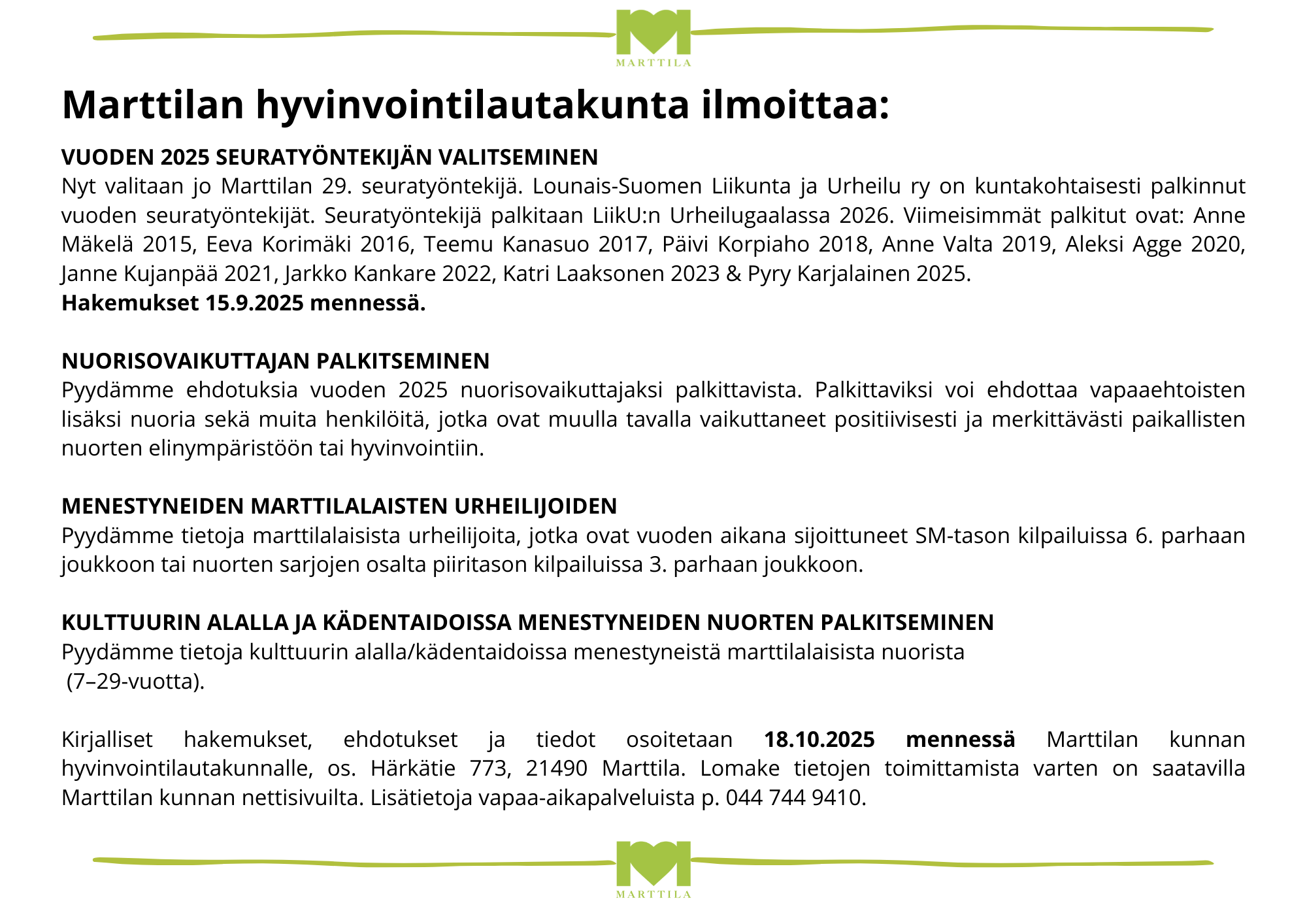 Hyvinvointilautakunta Hakee Palkittavia Marttilan Kunta