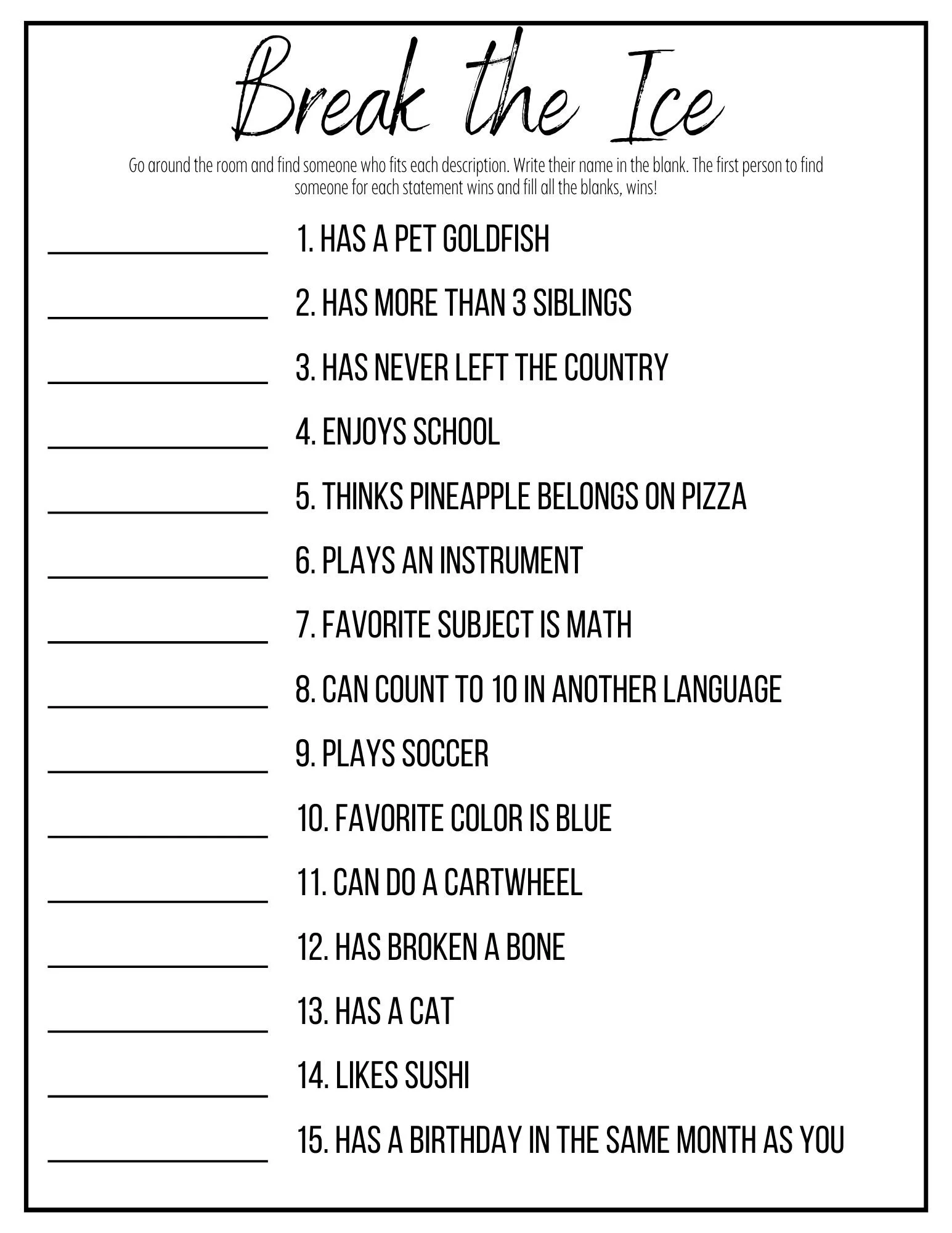 Ice Breaker Group Game Printable Youth Group Activity Classroom 