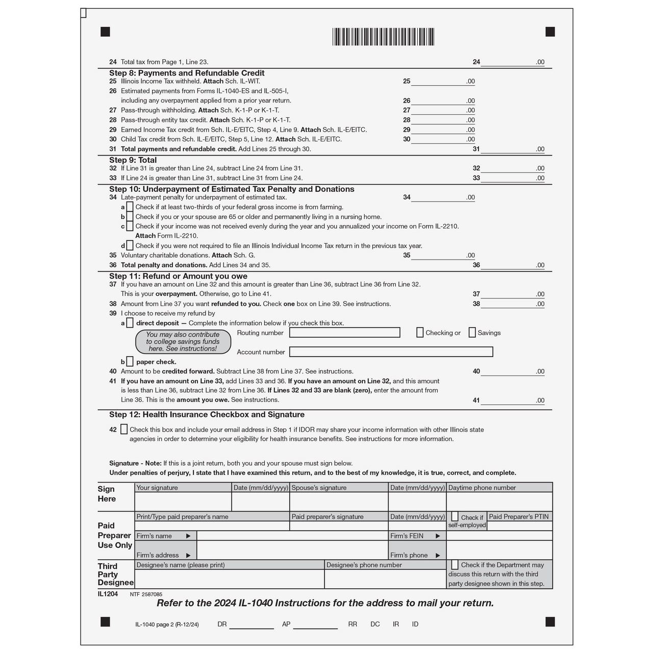 IL1204 Form IL 1040 Individual Income Tax Return Page 1 amp 2 