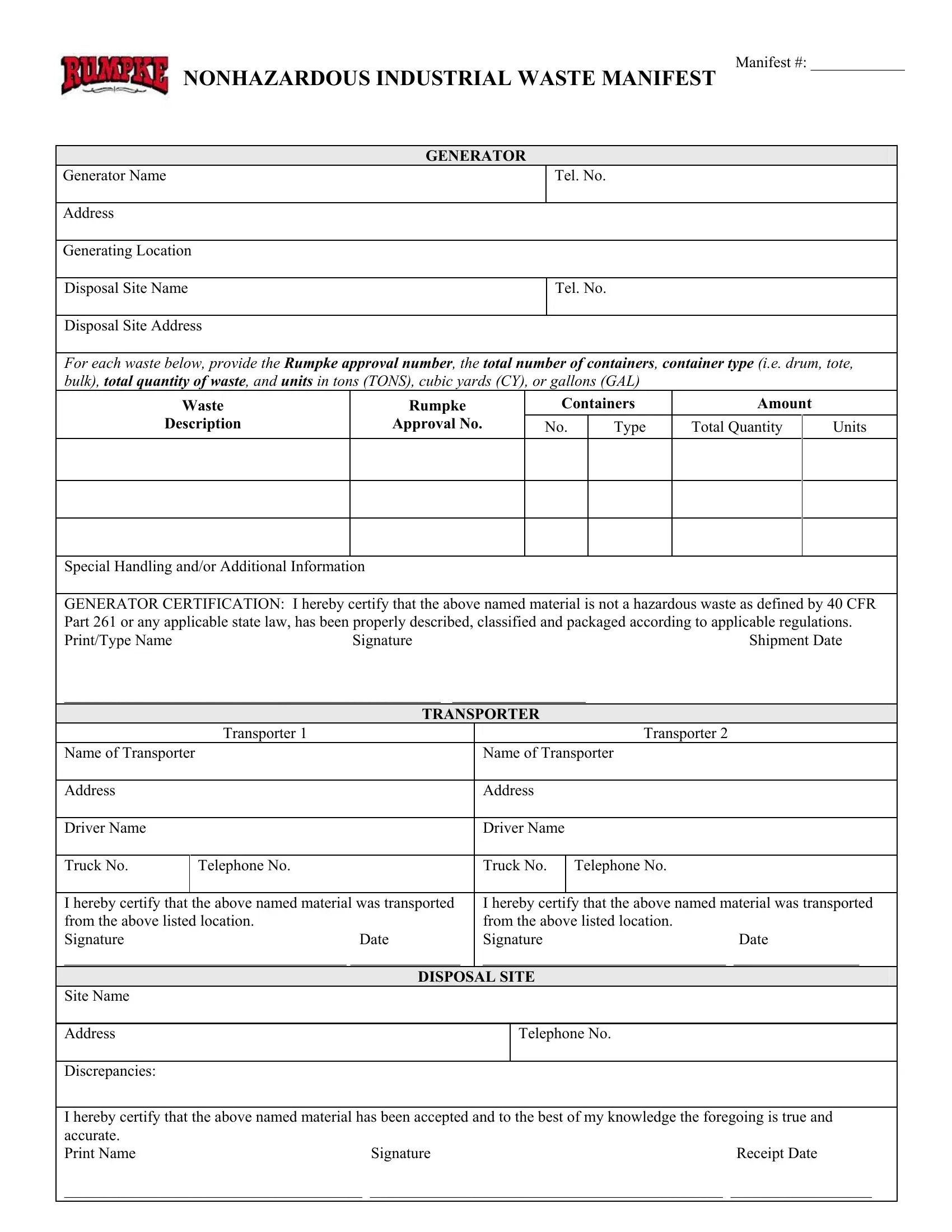Industrial Waste Manifest Form Fill Out Printable PDF