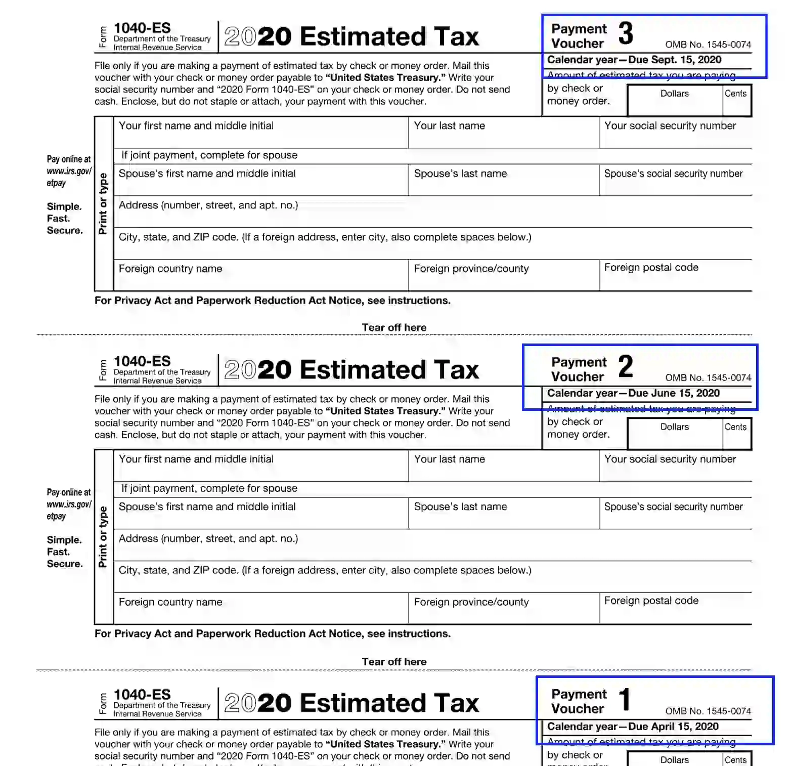 Irs Form 1040-Es 2023 Vouchers Printable