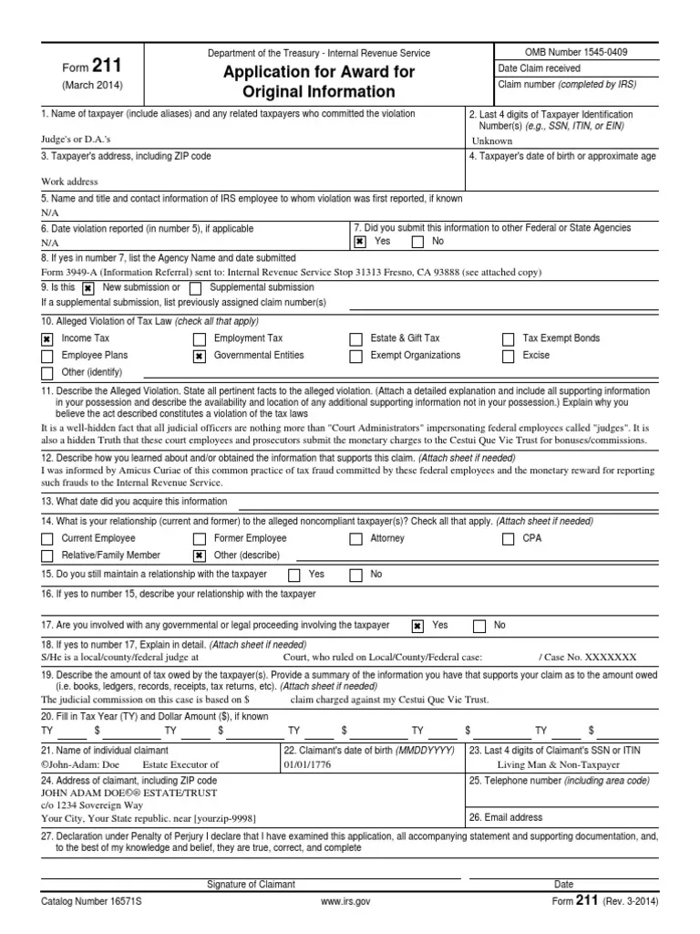 IRS Form 211 Whistleblower Instructions PDF Internal Revenue 