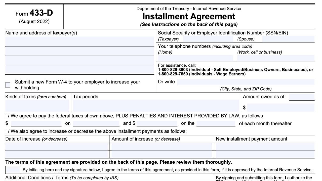 IRS Form 433 D Walkthrough Setting Up An Installment Agreement 