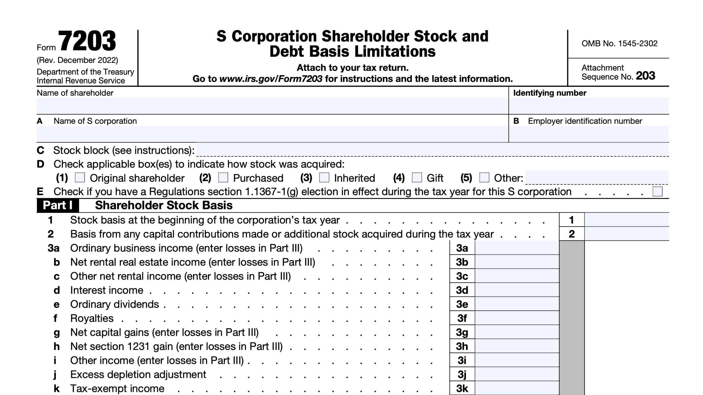 IRS Form 7203 Instructions S Corporation Stock amp Debt Basis