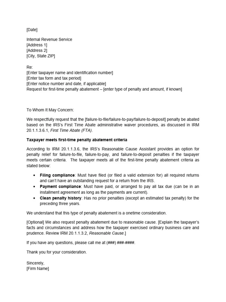 Irs Letter To Request First Time Penalty Abatement PDF