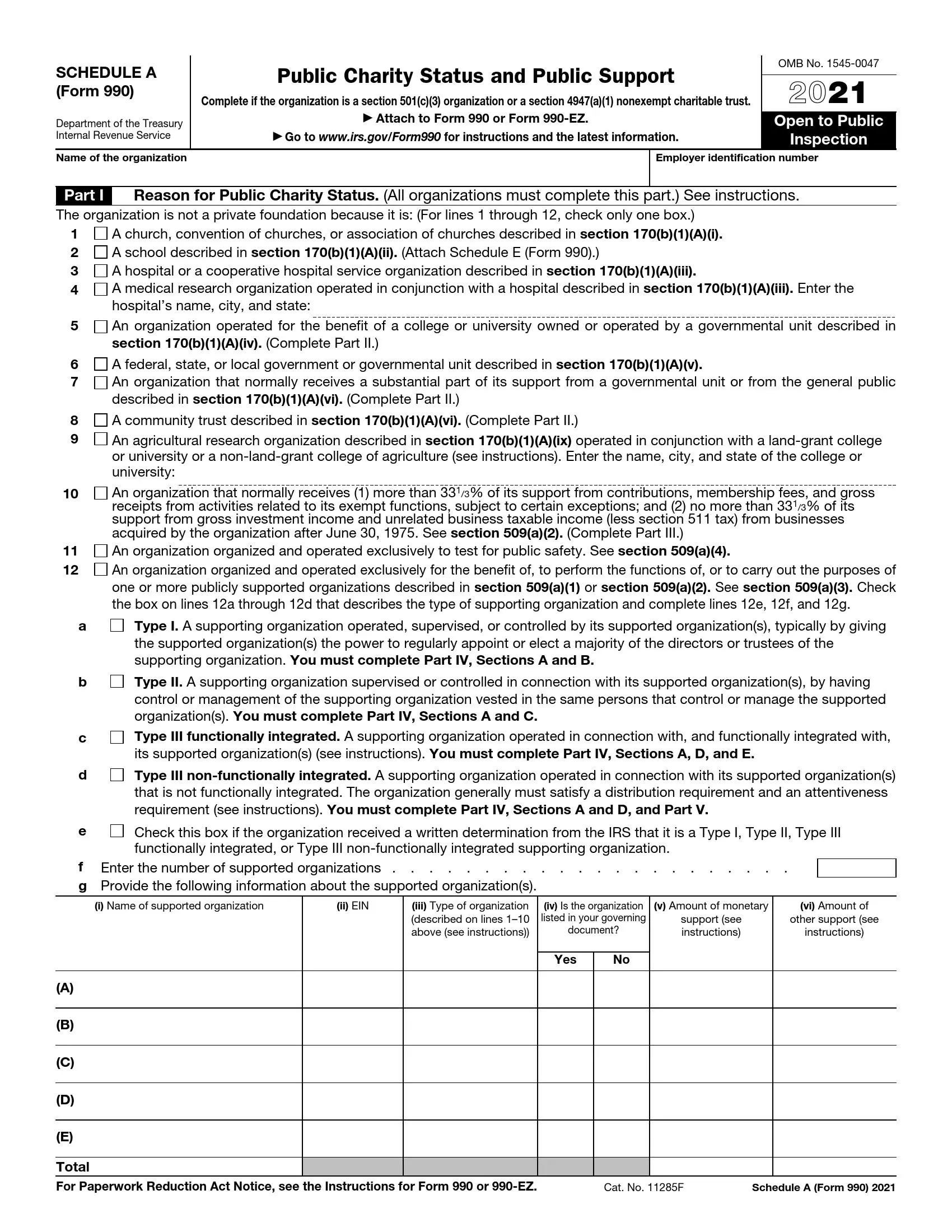 IRS Schedule A Form 990 Or 990 EZ