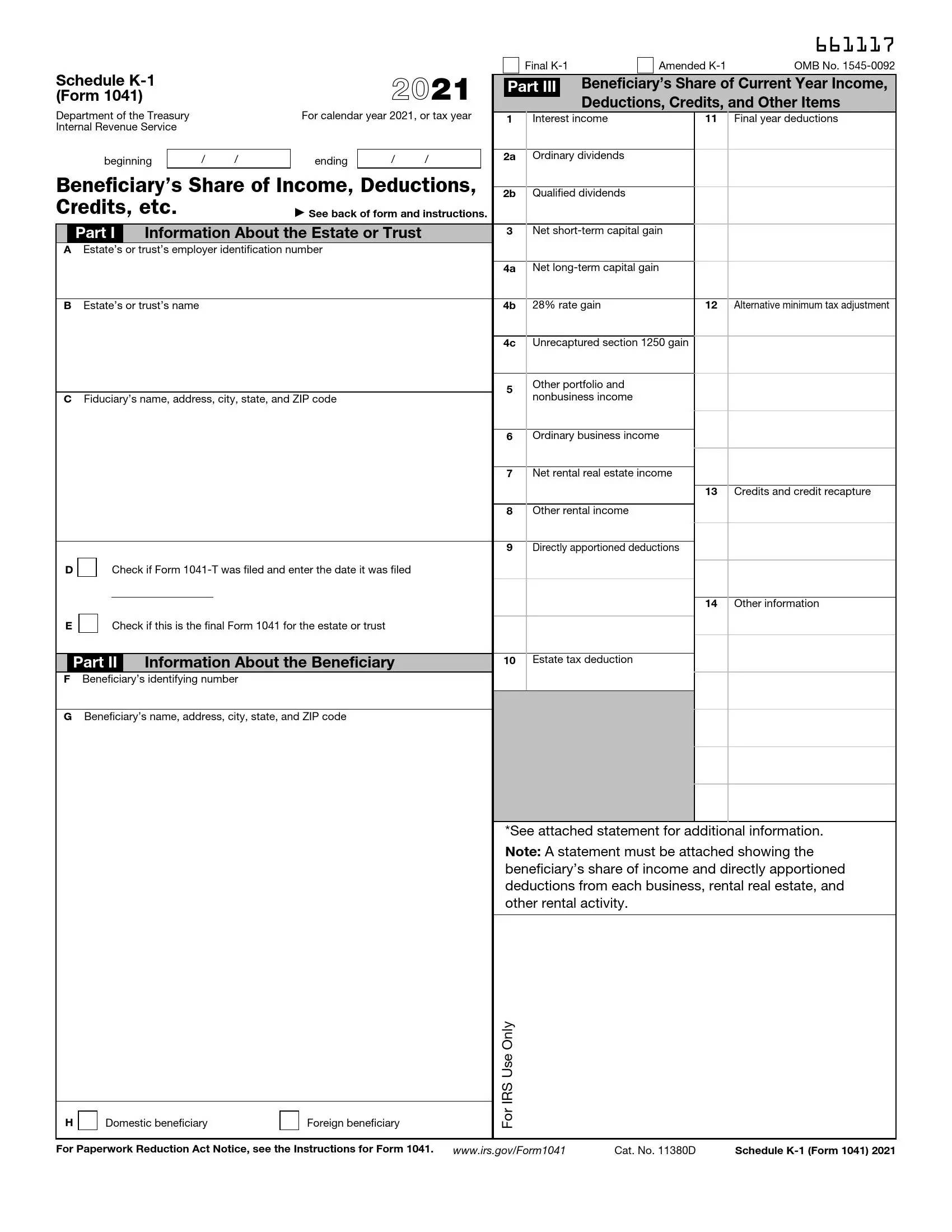 IRS Schedule K 1 Form 1041 Fill Out PDF Forms Online